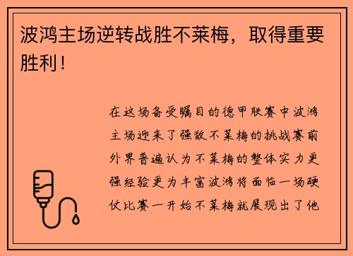 波鸿主场逆转战胜不莱梅，取得重要胜利！